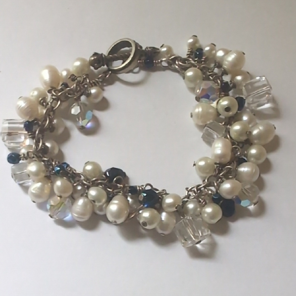White and Silver Multi-Strand Pearl Bracelet